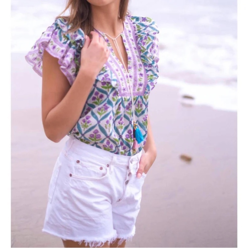 Vibrant Floral Ruffle Blouse - Purple and Green